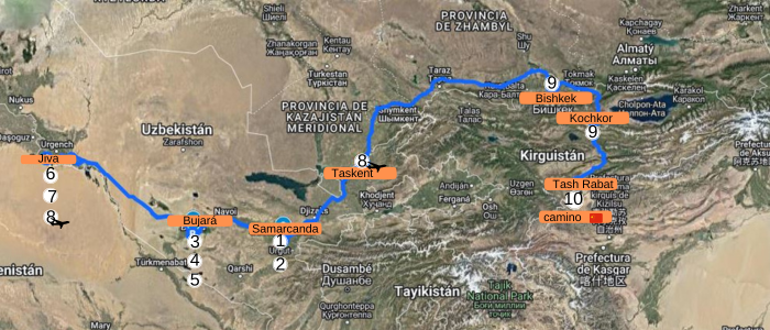 mapa ruta de la seda Uzbekistán y Kirguistán