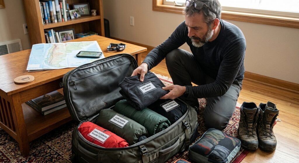 Ejemplo con toda la ropa a incluir en un viaje de aventura siguiendo la regla de las tres capas