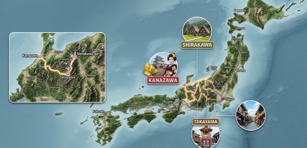 Mapa cómo llegar a Kanazawa, Shirakawa y Takayama